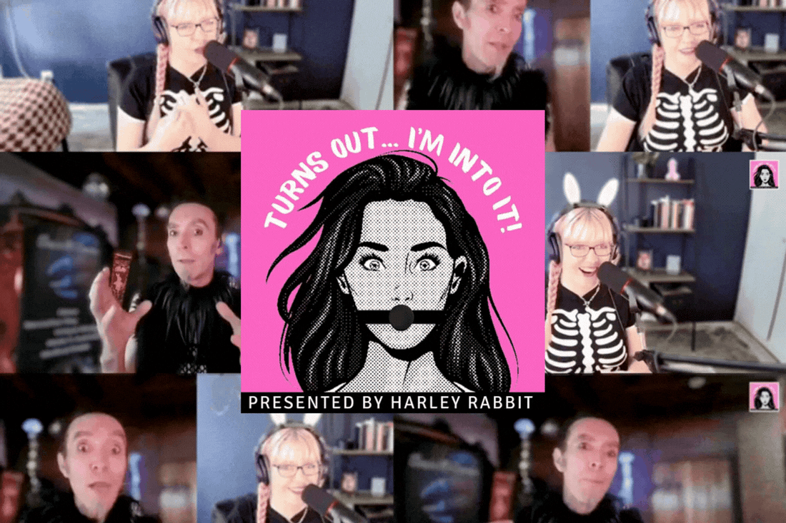 Logo for Turns Out I'm into It podcast in front of animated scenes from kink discussion