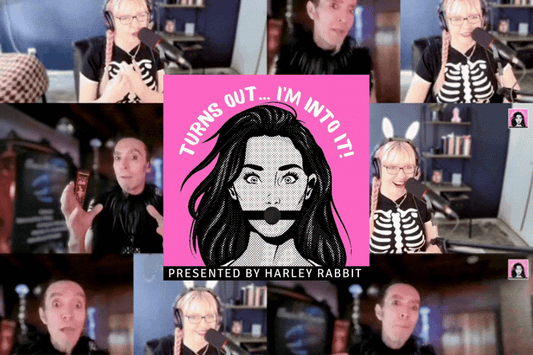 Logo for Turns Out I'm into It podcast in front of animated scenes from kink discussion