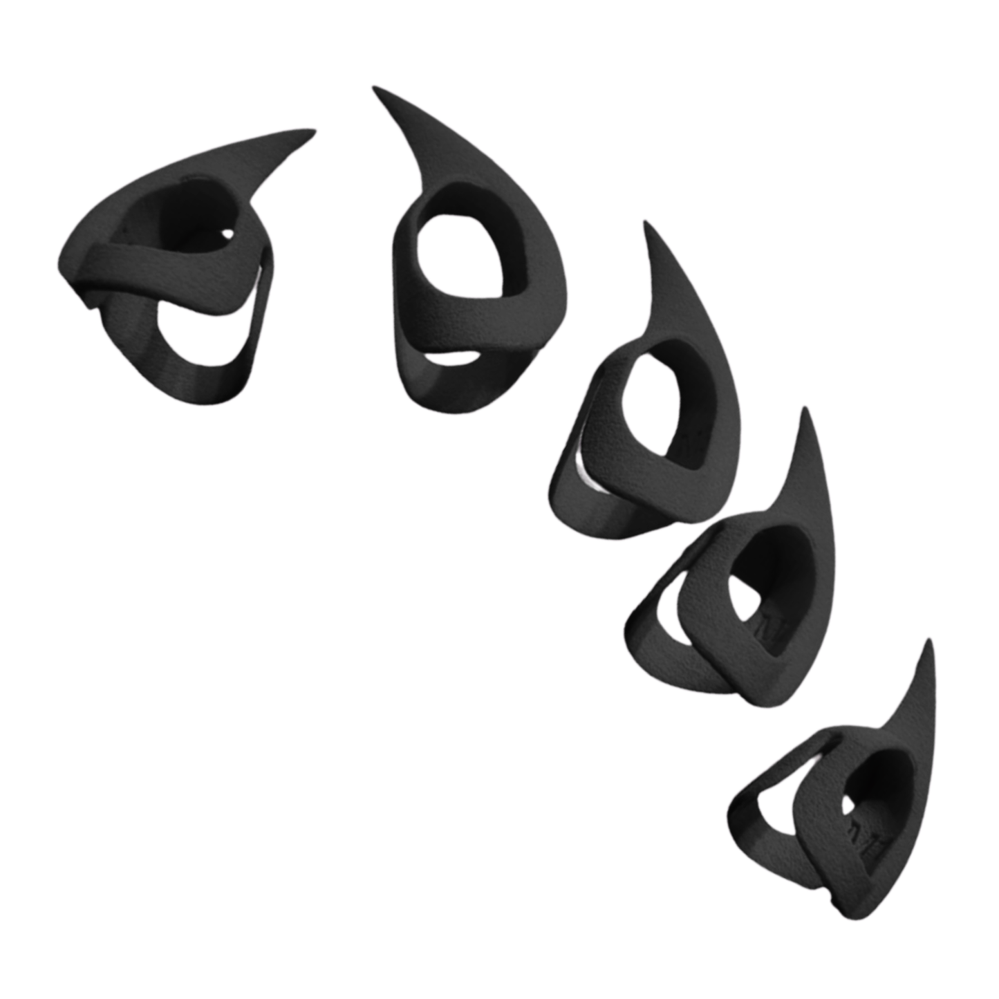Black nylon adult finger Claws in a set of 5, each a different size
