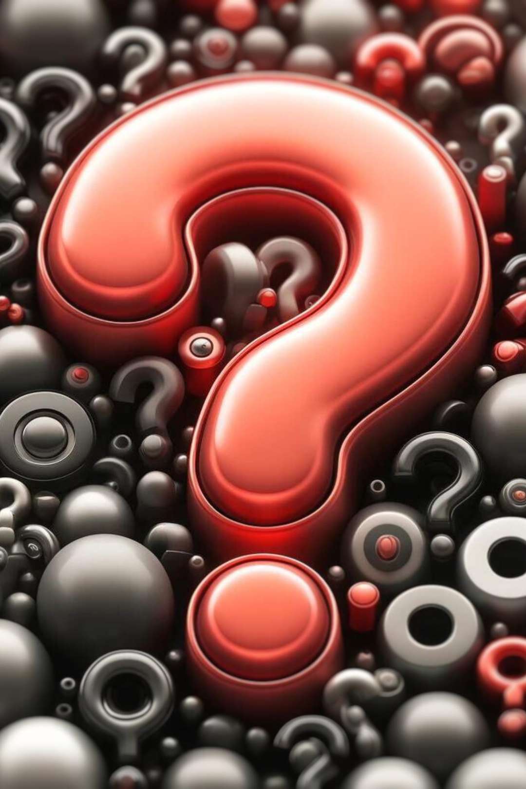 Kinky metallic question marks in red and gunmetal gray