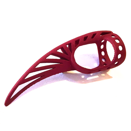 Red Steampunk Nylon Claw at an angle, showing the open lattice blade and finger ring