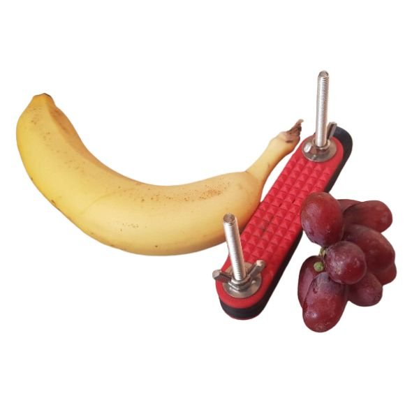 Straight Flesh Clamp - Claws and Clamps - Straight Flesh Clamp - Claws and Clamps - Red Flesh clamp for intimate pressure, CBT. Shown with fruit to suggest play ideas.